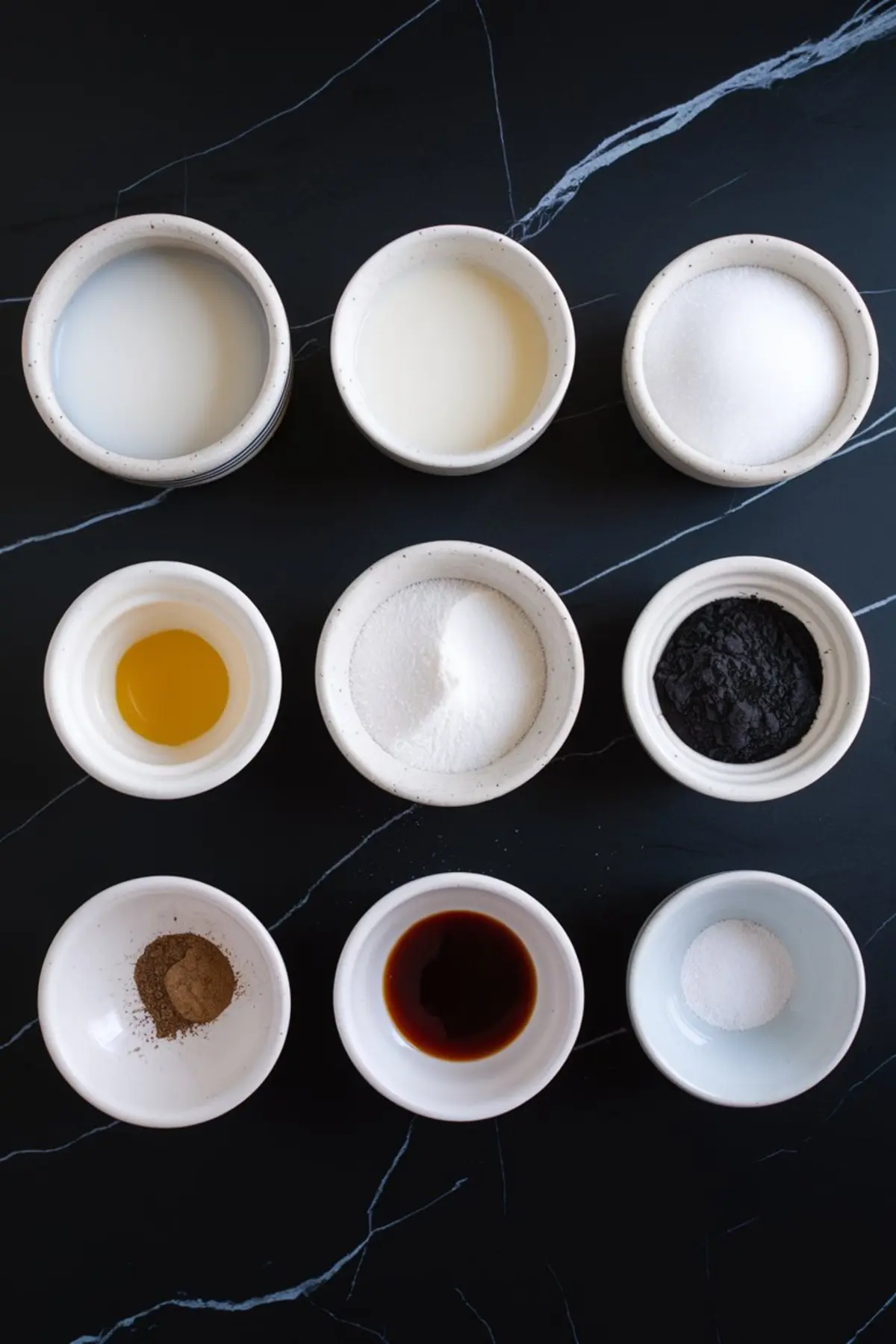 Flat lay of nine small ceramic bowls filled with individual charcoal ice cream ingredients including milk, cream, sugar, egg yolks, activated charcoal, vanilla extract, salt, and spices. Organized black background emphasizes ingredients for homemade ice cream recipes.
