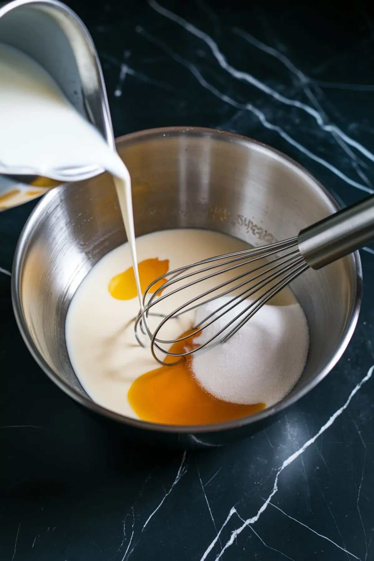 Metal mixing bowl filled with milk, egg yolks, sugar, and a whisk, with milk being poured in. Captures the process of preparing a creamy ice cream base. Smooth black countertop creates a striking culinary prep scene.
