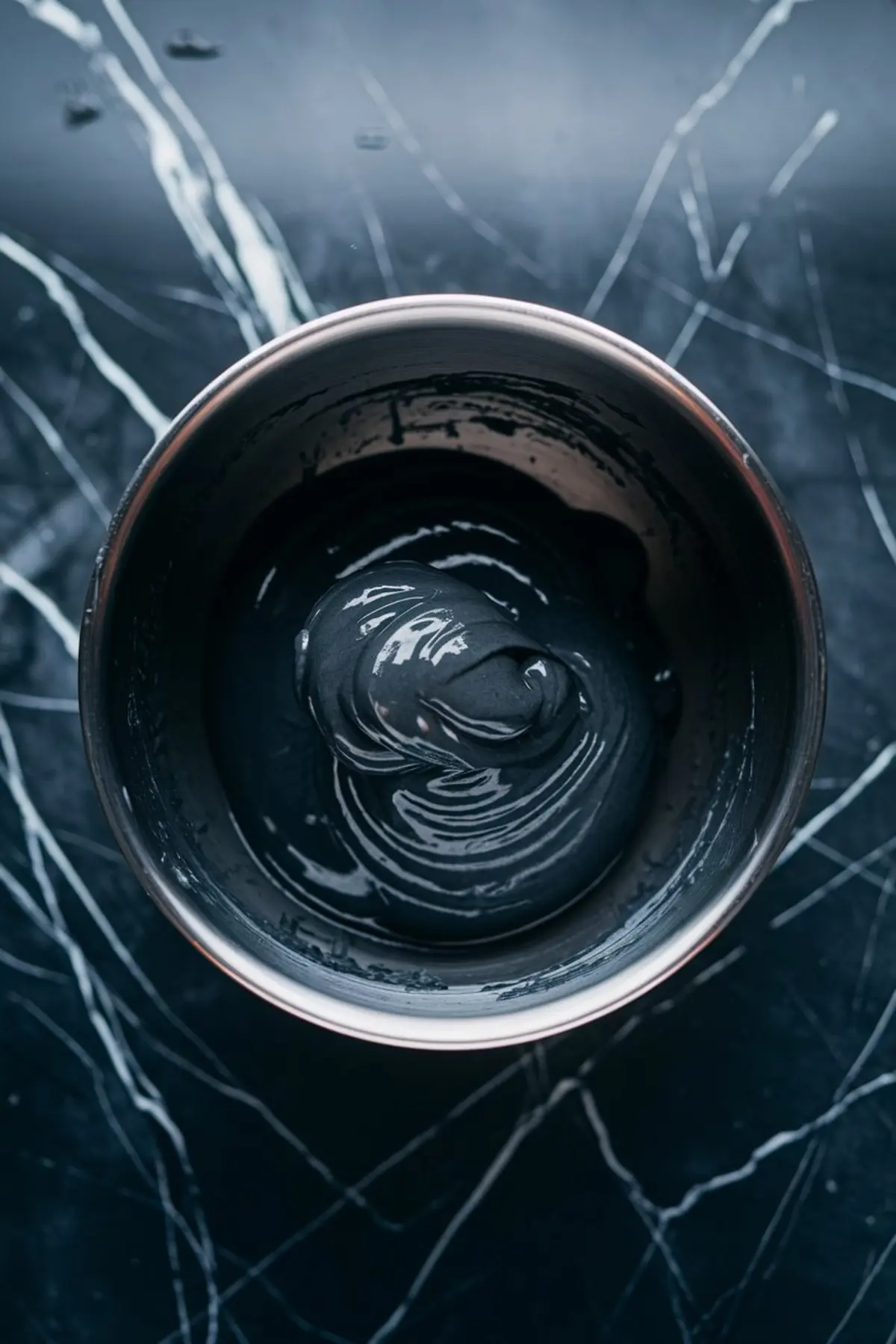 Thick black charcoal ice cream base swirled in a metal mixing bowl, viewed from above. The dark, creamy texture stands out against a marble countertop. Visual of frozen dessert preparation highlighting activated charcoal mixture.

