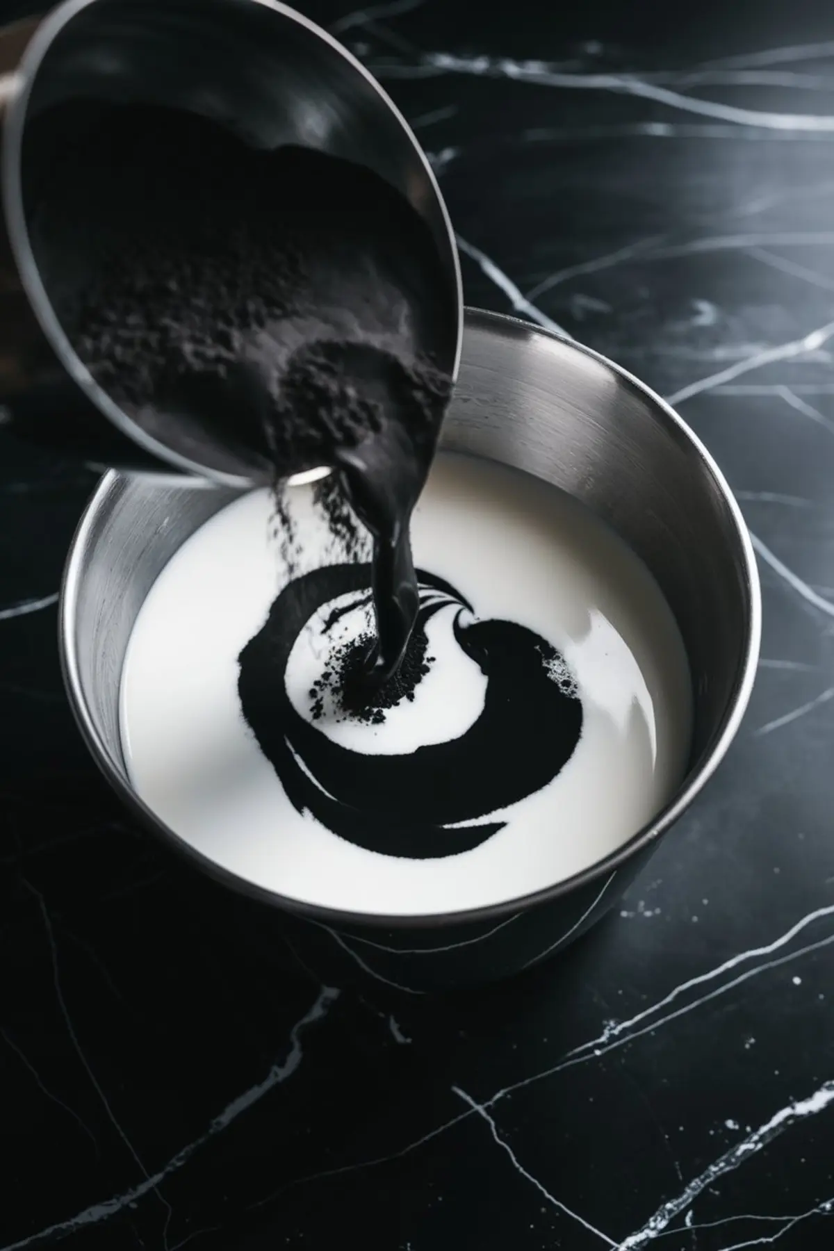 Black powder being poured into a bowl of white milk, creating a swirling motion as charcoal blends into the base. Set against a black marble surface, this step captures the unique process of making charcoal ice cream.
