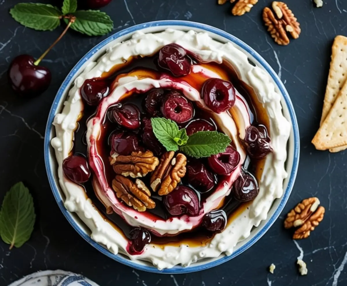 Single bowl of cherry balsamic goat cheese dip topped with cherries, pecans, balsamic drizzle, and mint, surrounded by crackers and fresh cherries on a dark background.
