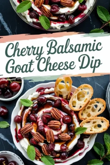 Collage of cherry balsamic goat cheese dip garnished with cherries, pecans, and mint leaves, served with crusty baguette slices, overlaid with bold title text.