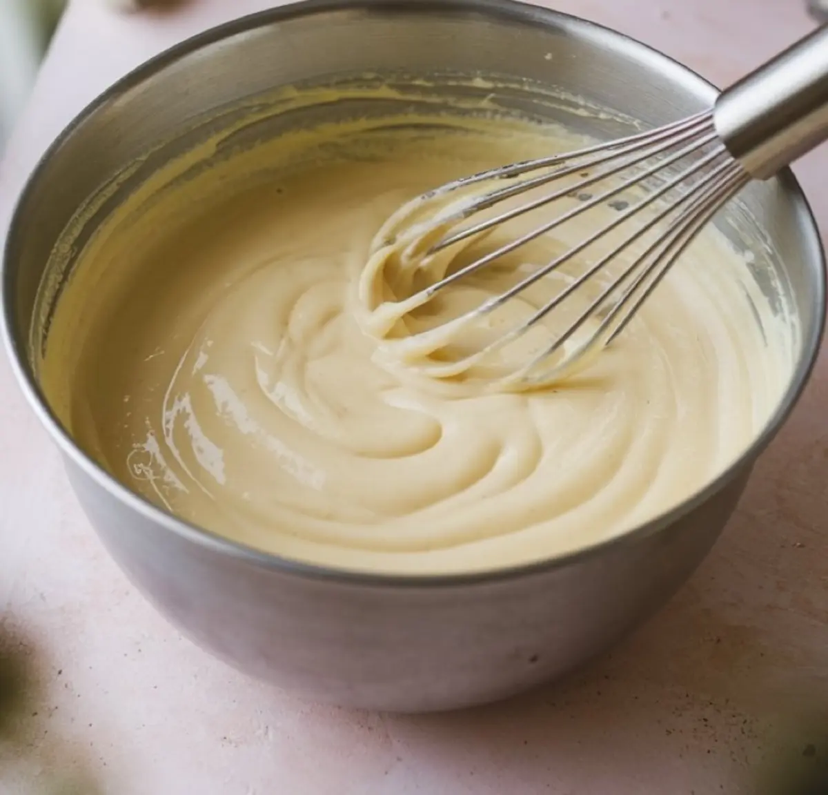 Thick clafoutis batter being whisked in a stainless steel mixing bowl, showing a creamy, smooth texture ideal for cherry custard dessert recipes.
