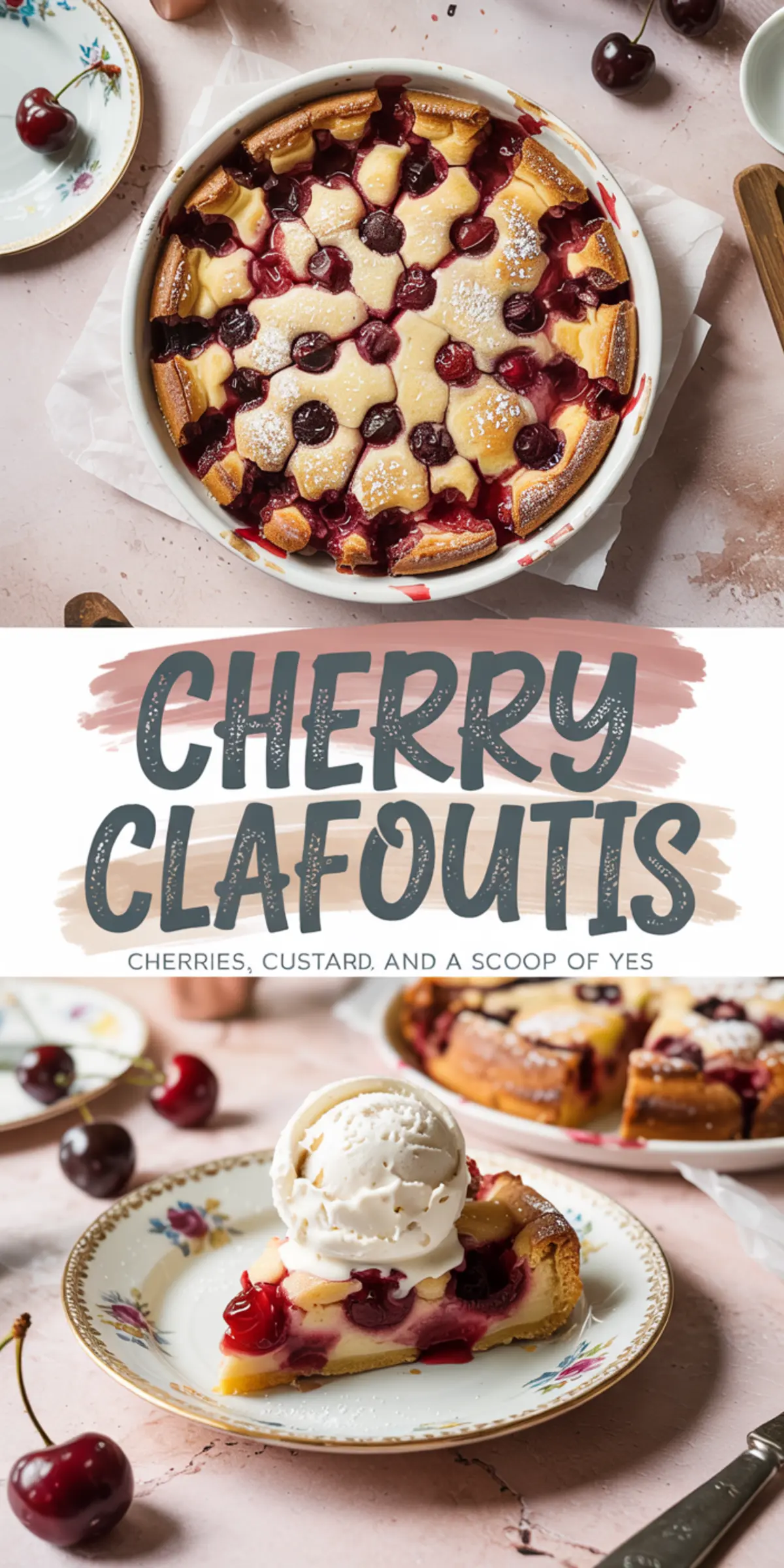 Top view of baked cherry clafoutis with golden crust and whole cherries, paired with a slice on a ceramic plate, and text overlay reading “Cherry Clafoutis: cherrie, custard, and a scoop of yes”
