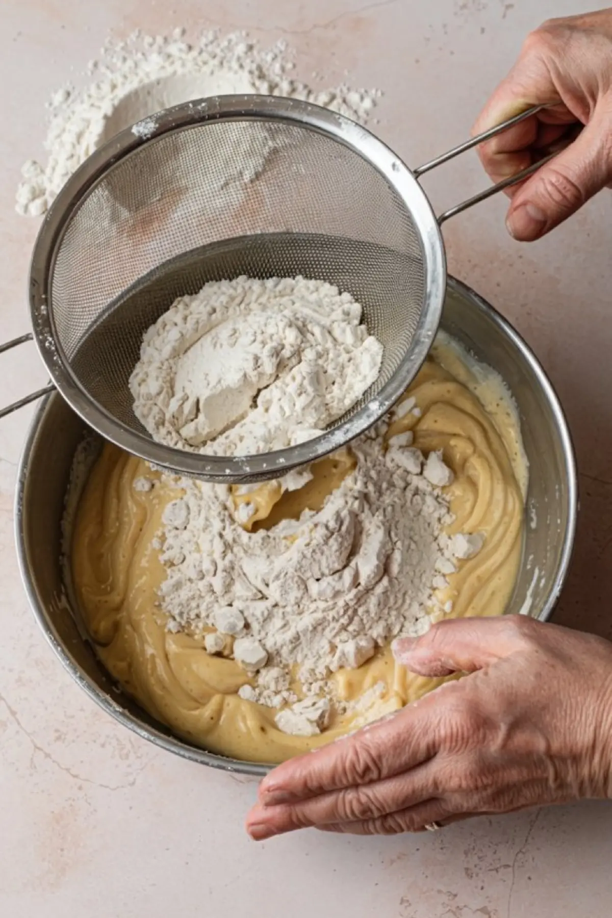 Hands sifting flour through a mesh strainer into a bowl of thick yellow batter on a light pink surface, part of the cherry clafoutis baking process.