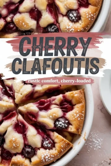 Sliced cherry clafoutis in a white dish topped with powdered sugar, featuring a text overlay that reads “Cherry Clafoutis: rustic comfort, cherry-loaded” for a homemade dessert theme.