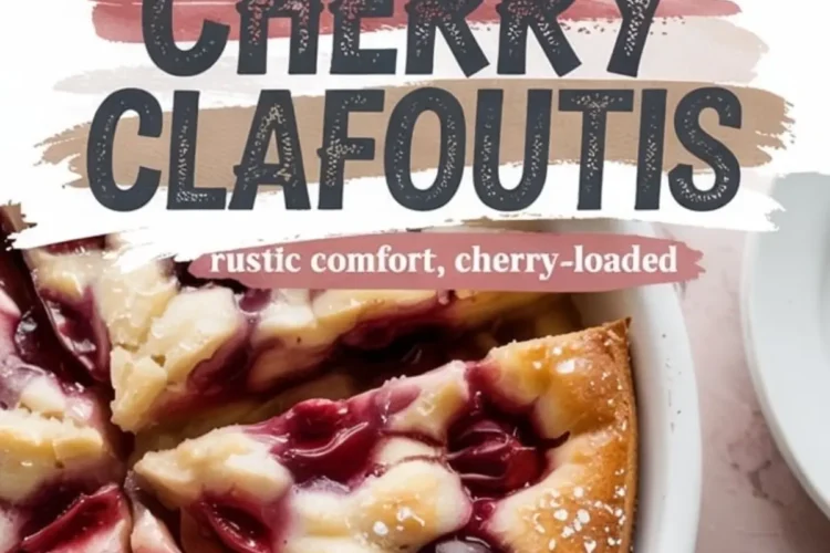 Sliced cherry clafoutis in a white dish topped with powdered sugar, featuring a text overlay that reads “Cherry Clafoutis: rustic comfort, cherry-loaded” for a homemade dessert theme.