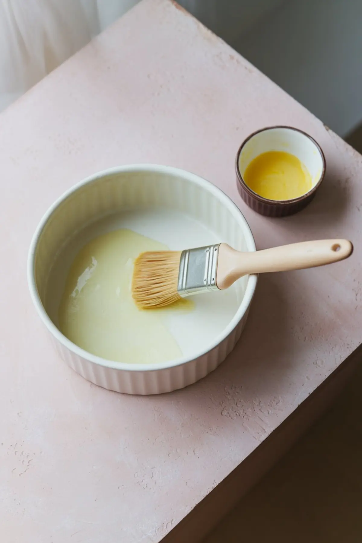 Round ceramic baking dish being coated with melted butter using a pastry brush, with a small bowl of extra melted butter nearby, on a pink countertop.
