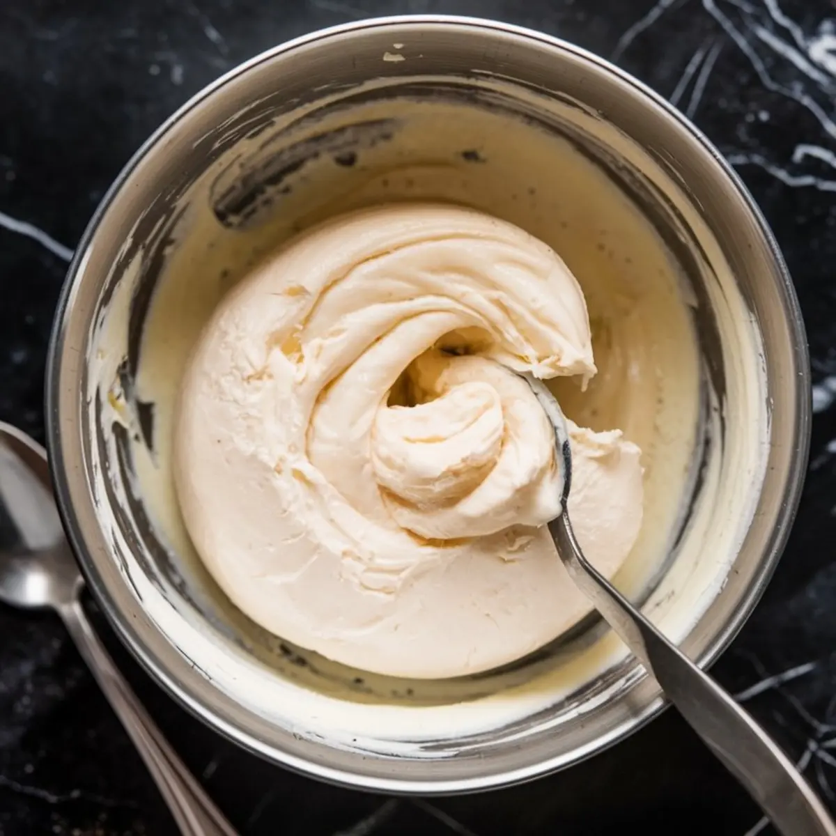 Close-up of smooth whipped goat cheese in a metal mixing bowl with a spoon, set against a dark marble surface.