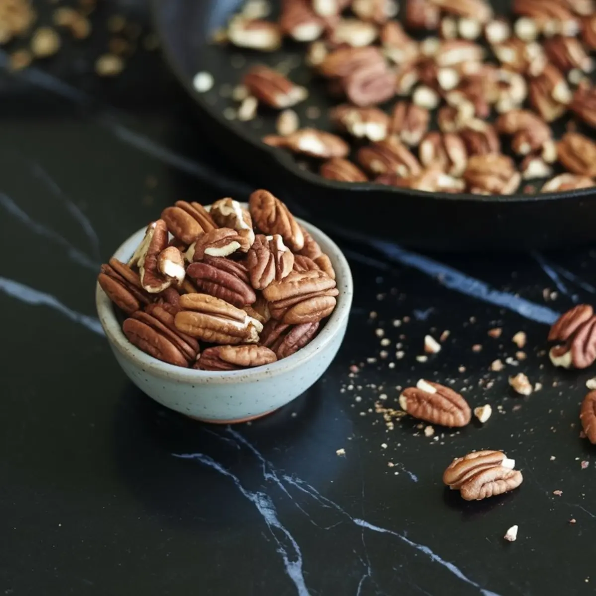 Bowl of toasted pecans with scattered nuts around it on a dark marble background, next to a cast iron skillet filled with more toasted pecans.