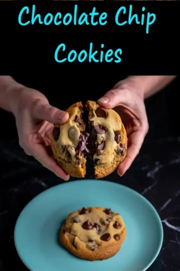 Close-up of hands splitting a gooey chocolate chip cookie over a teal plate with another whole cookie resting below.