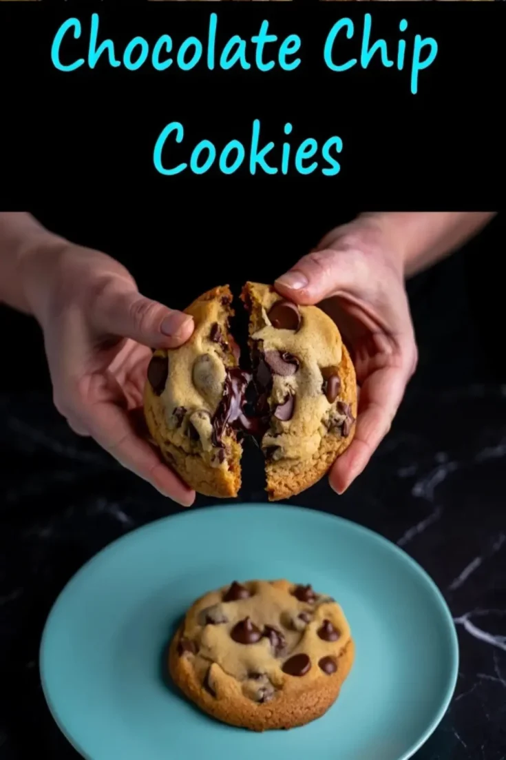 Close-up of hands splitting a gooey chocolate chip cookie over a teal plate with another whole cookie resting below.
