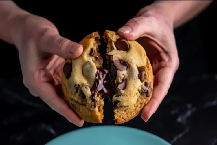 Close-up of hands splitting a gooey chocolate chip cookie over a teal plate with another whole cookie resting below.
