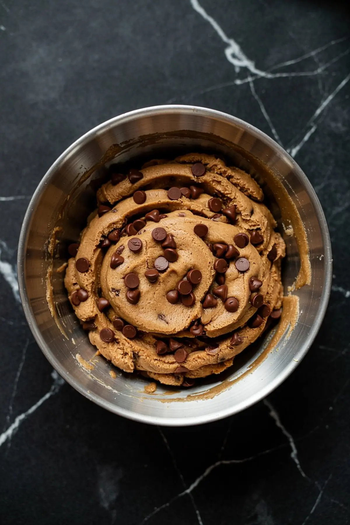 Thick chocolate chip cookie dough with visible chocolate chips in a stainless steel mixing bowl on a black marble surface.