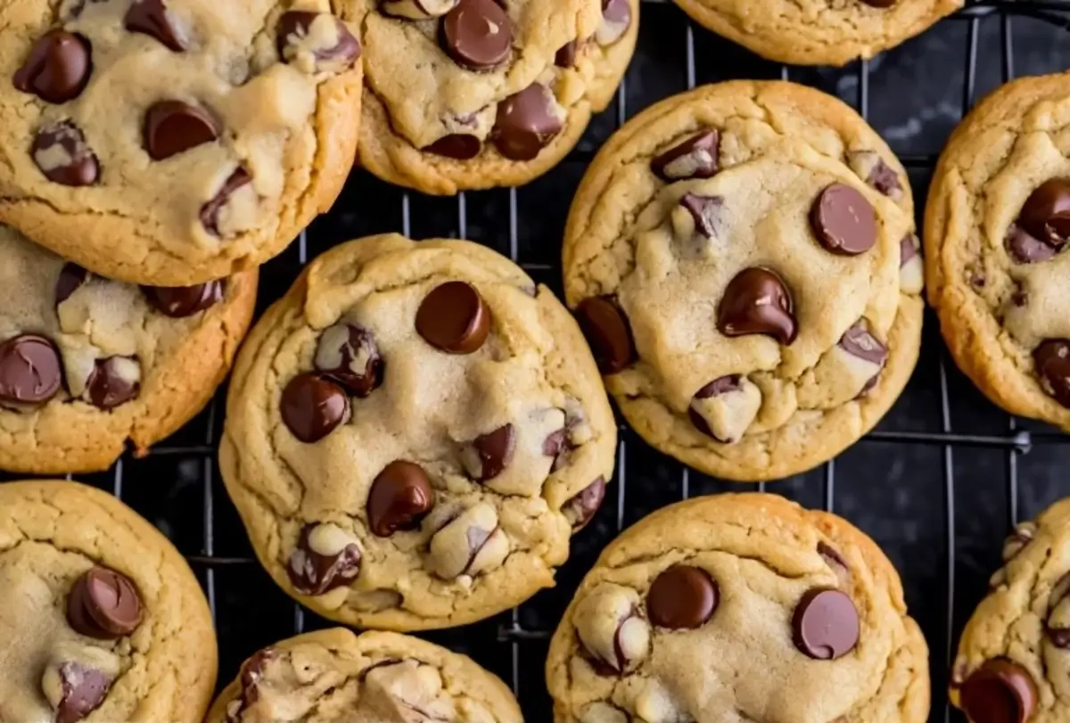 Freshly baked chocolate chip cookies cooling on a wire rack, featuring golden edges and gooey melted chocolate chips on top.