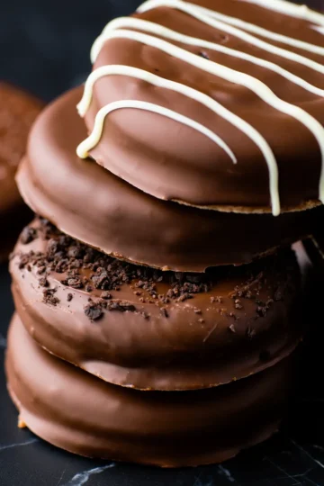 A close-up stack of chocolate-covered sandwich cookies featuring different toppings, including white chocolate drizzle and crushed cookies, set against a black background.