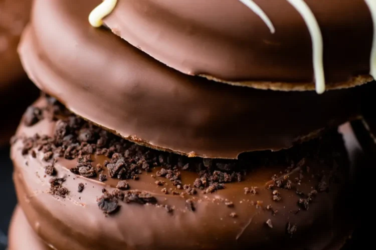 A close-up stack of chocolate-covered sandwich cookies featuring different toppings, including white chocolate drizzle and crushed cookies, set against a black background.
