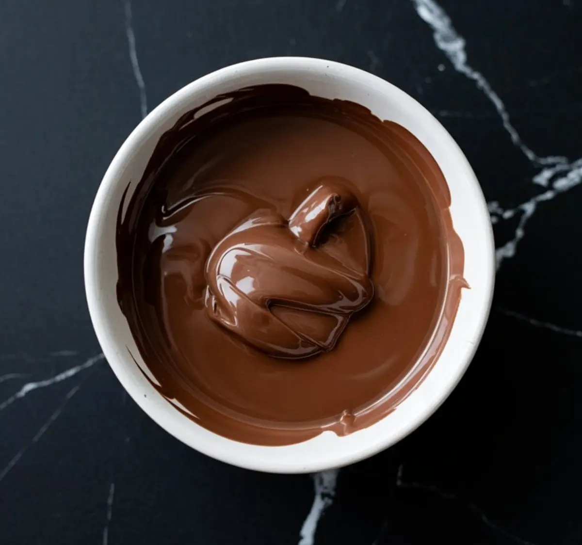 A white bowl filled with smooth, glossy melted milk chocolate, placed on a black marble surface with white veining.