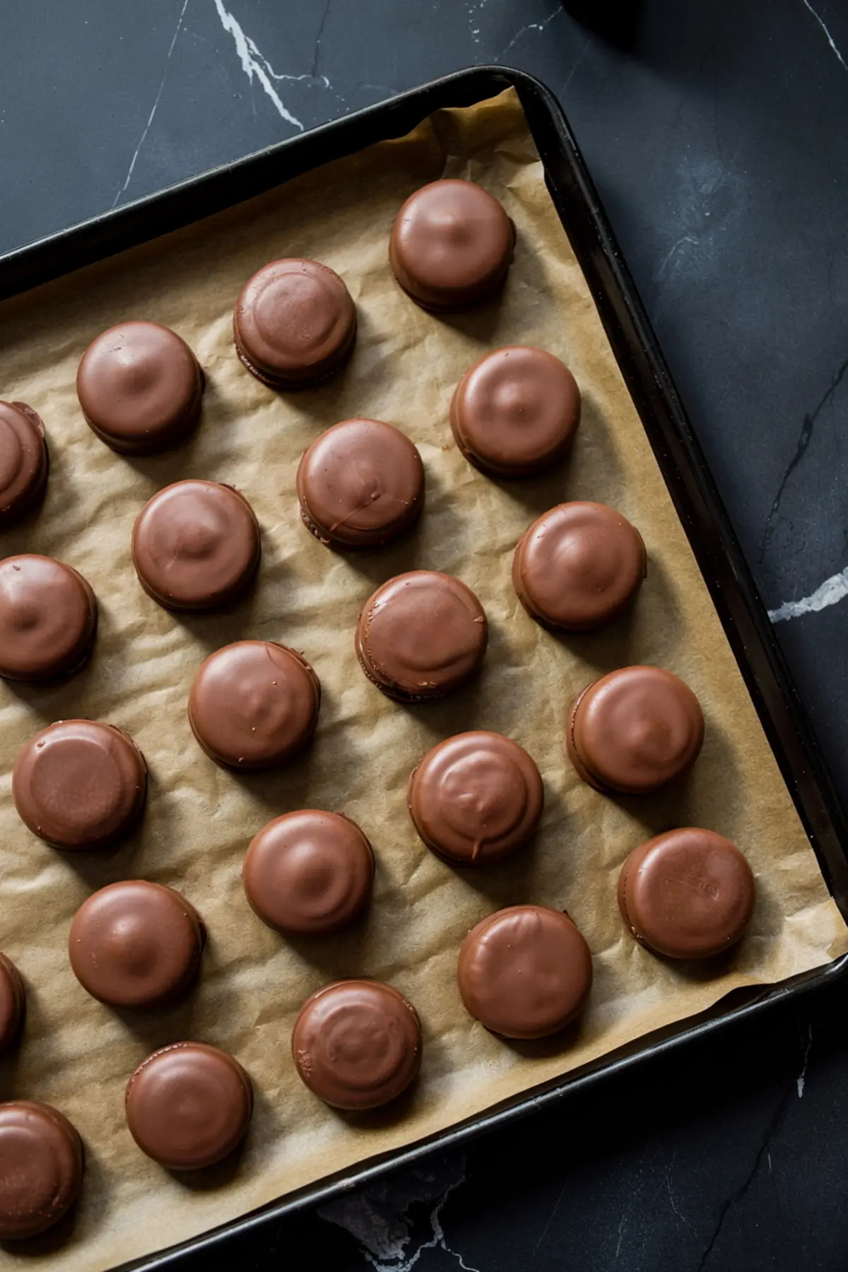A tray lined with parchment paper holding neatly arranged chocolate-covered sandwich cookies with a smooth, glossy coating.