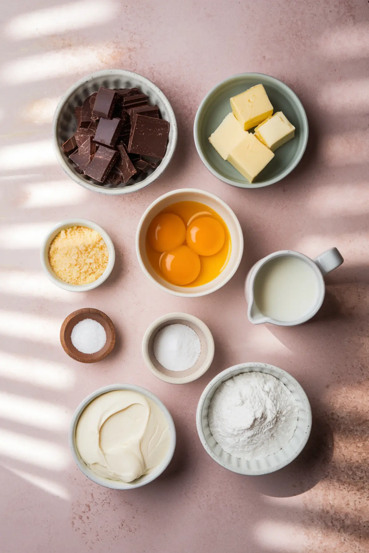 Flat lay of chocolate cream pie ingredients including dark chocolate chunks, butter, egg yolks, grated cheese, salt, sugar, milk, sour cream, and flour arranged in ceramic bowls on a pink surface.