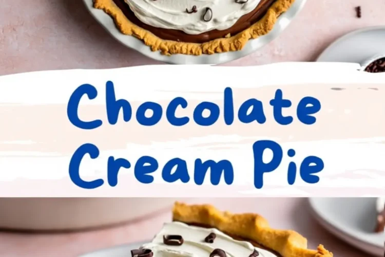 Collage featuring a whole chocolate cream pie and a slice on a white plate, with text overlay that reads “Chocolate Cream Pie” in bold blue lettering on a soft pink and white background.