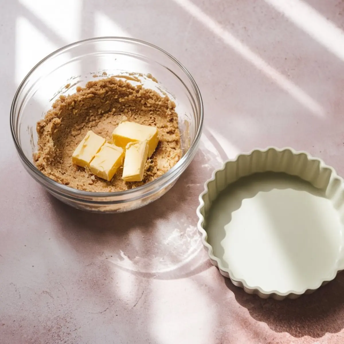 Mixing bowl filled with partially combined dough and chunks of butter next to an empty fluted tart tin. Step in tart crust preparation on a soft pink surface.