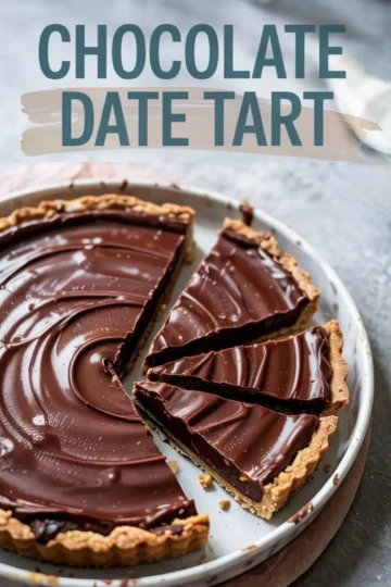 Chocolate date tart with clean slices revealing ganache filling and date layer, presented in a white tart dish. Highlight on smooth texture, rich filling, and clean cut portions.