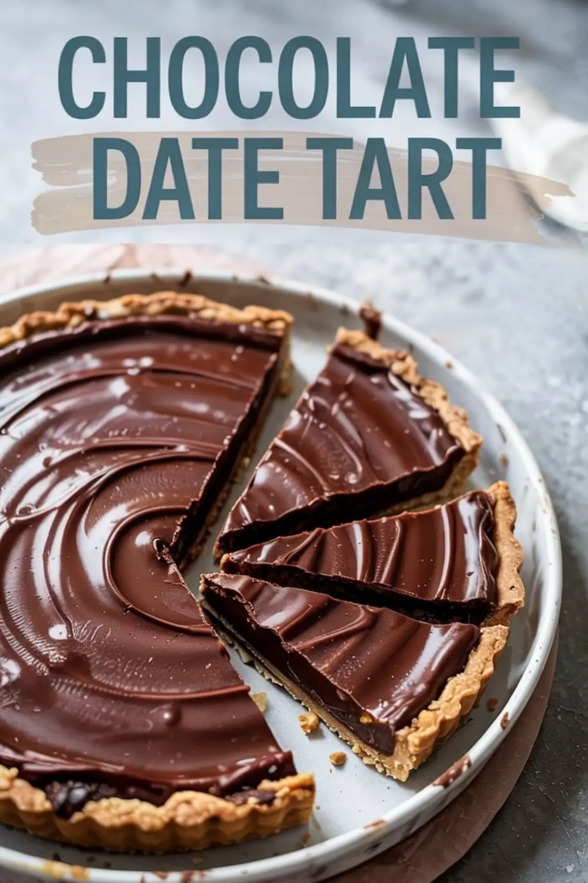Chocolate date tart with clean slices revealing ganache filling and date layer, presented in a white tart dish. Highlight on smooth texture, rich filling, and clean cut portions.