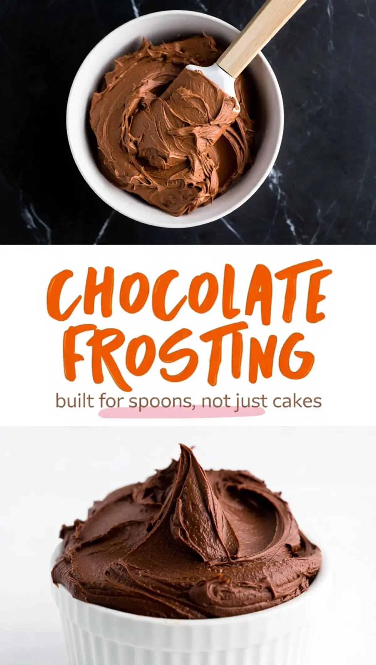 Overhead collage showing a creamy bowl of chocolate frosting with a spatula on a black marble surface, paired with the phrase “chocolate frosting built for spoons, not just cakes” in bold orange letters, and a ramekin filled with swirled chocolate frosting on a white background.
