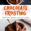 Overhead collage featuring glossy chocolate frosting swirled in a white bowl against a black surface, a bold text saying “chocolate frosting built for spoons, not just cakes,” and a ramekin of smooth, thick frosting with a spoon on a gray surface.
