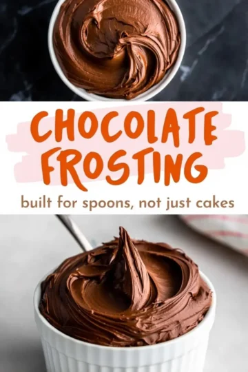 Overhead collage featuring glossy chocolate frosting swirled in a white bowl against a black surface, a bold text saying “chocolate frosting built for spoons, not just cakes,” and a ramekin of smooth, thick frosting with a spoon on a gray surface.
