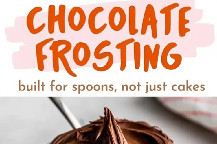 Overhead collage featuring glossy chocolate frosting swirled in a white bowl against a black surface, a bold text saying “chocolate frosting built for spoons, not just cakes,” and a ramekin of smooth, thick frosting with a spoon on a gray surface.