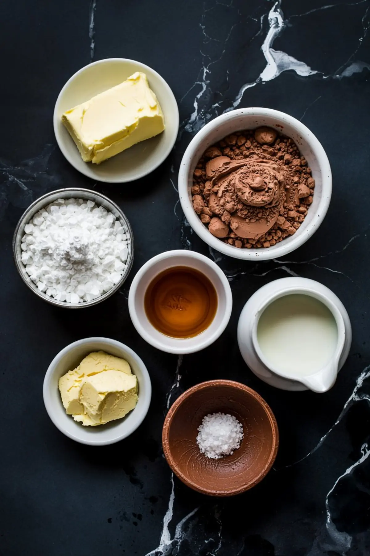 Flat lay of chocolate frosting ingredients on a black marble surface, including cocoa powder, powdered sugar, vanilla extract, milk, butter, and sea salt arranged in small bowls.
