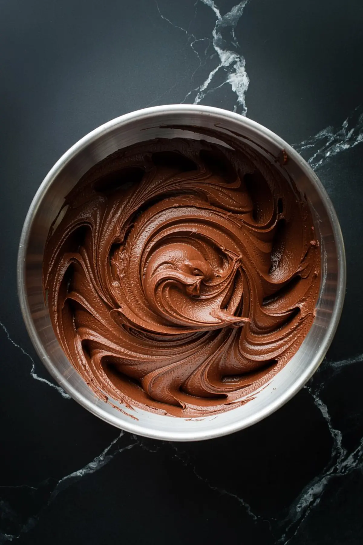 Swirled chocolate frosting in a mixing bowl with a smooth, rich texture, shot from overhead on a dark marble counter.
