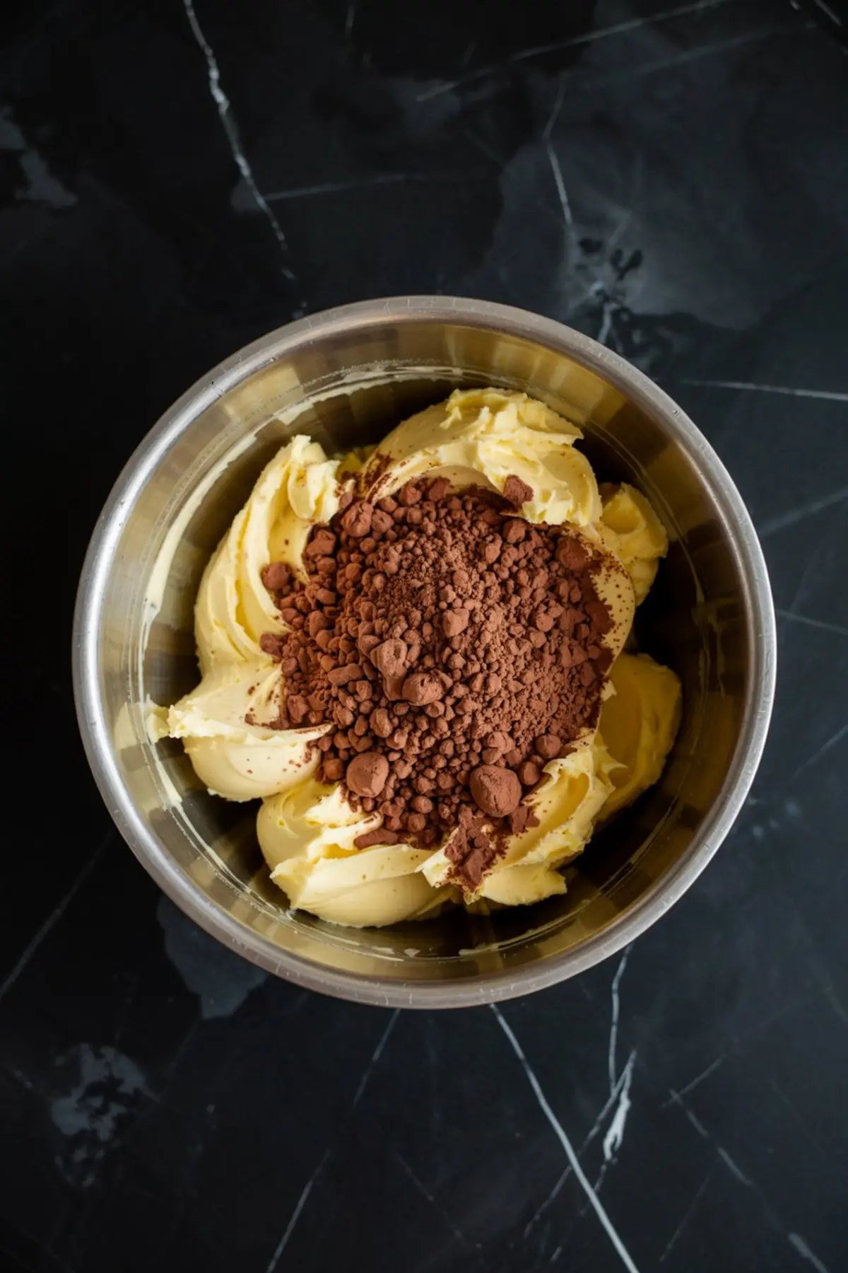 Cocoa powder piled on top of whipped butter in a mixing bowl, showing the starting step of making chocolate frosting on a black marble surface.