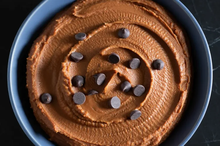 Smooth chocolate hummus topped with dark chocolate chips served in a matte blue bowl on a black marble surface.