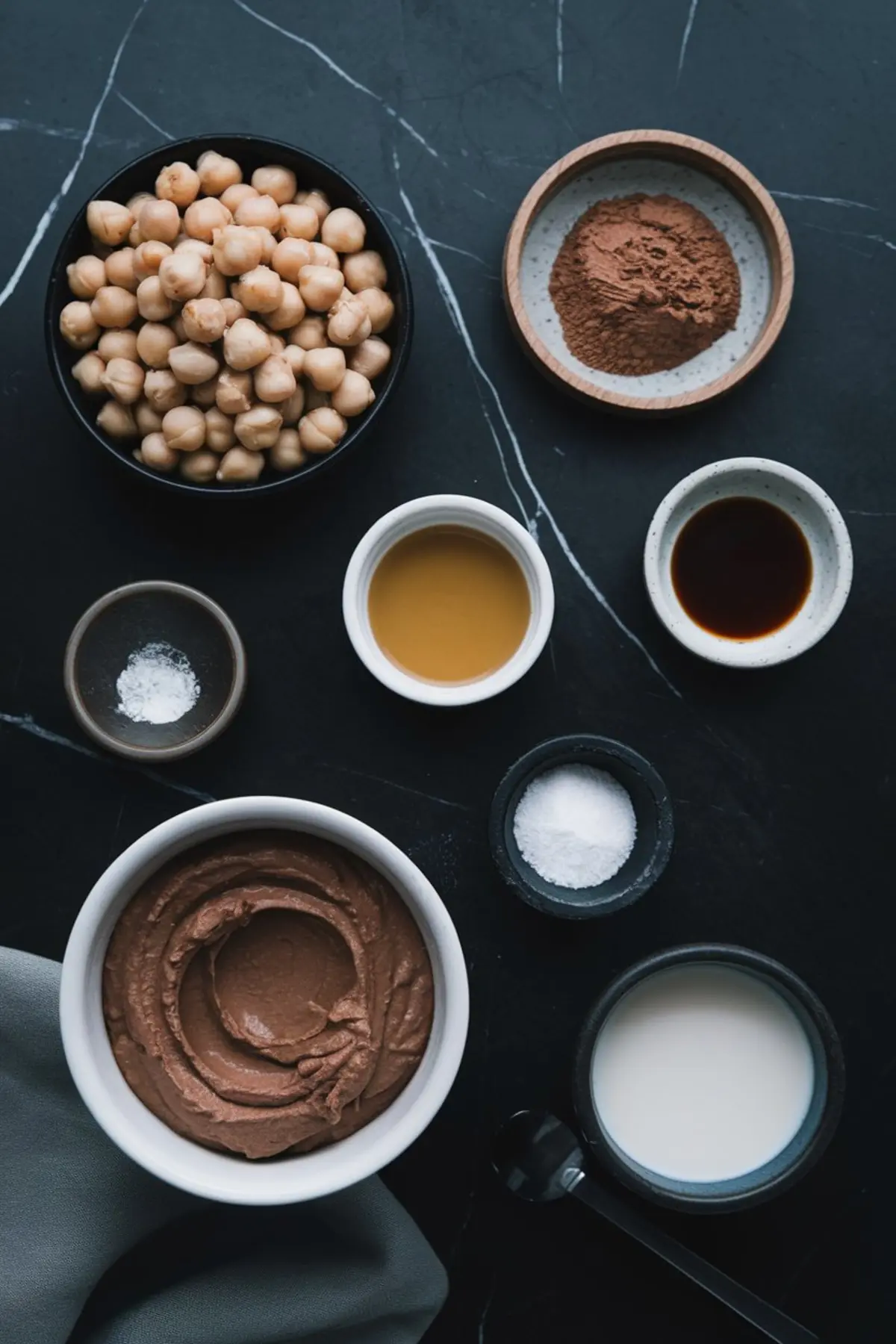 Flat lay of chocolate hummus ingredients including canned chickpeas, cocoa powder, maple syrup, vanilla extract, almond milk, sea salt, and tahini, arranged on a black marble background.
