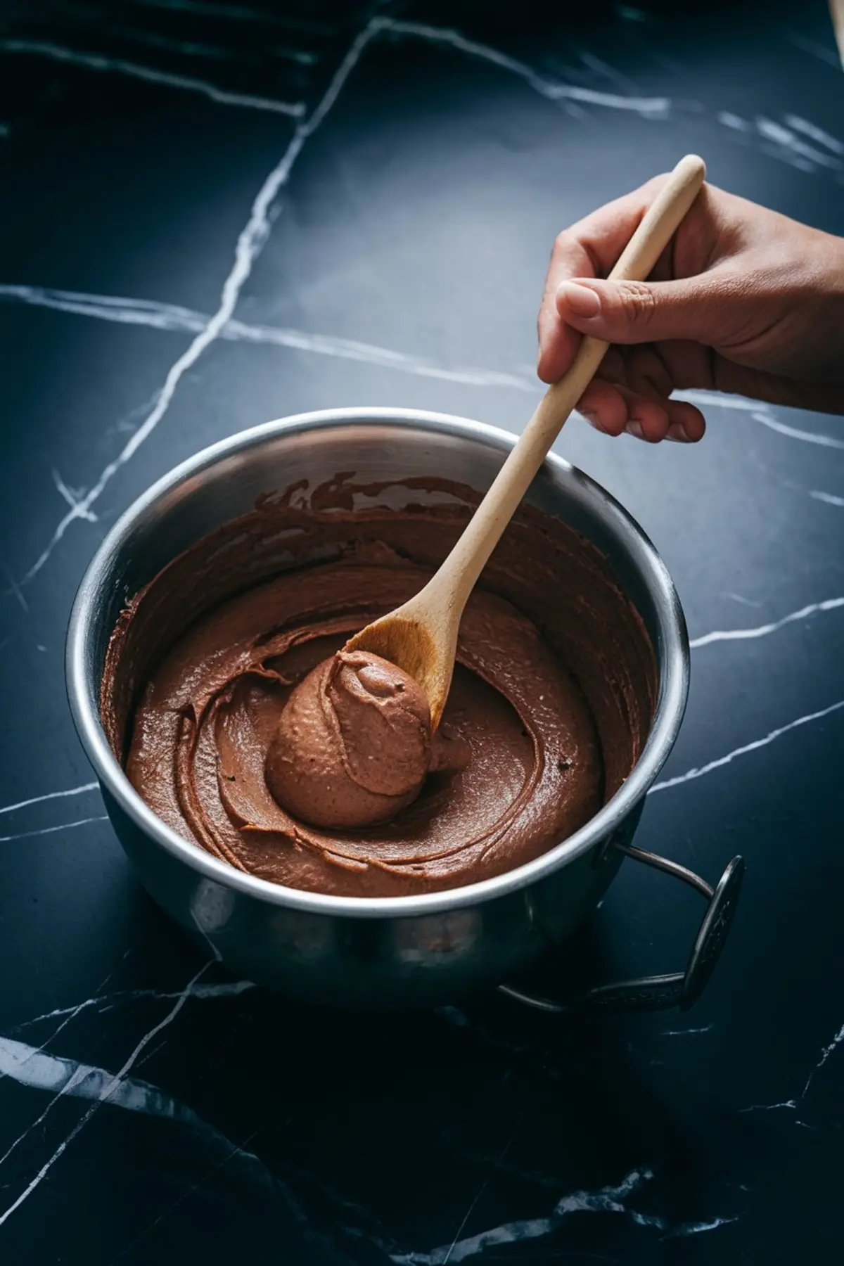 Chocolate hummus being stirred with a wooden spoon inside a stainless steel mixing bowl on a dark marble countertop.
