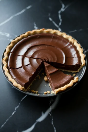Chocolate pie with a glossy, rippled ganache surface and a golden pastry crust, partially sliced to reveal a smooth and creamy interior on a black marble surface.