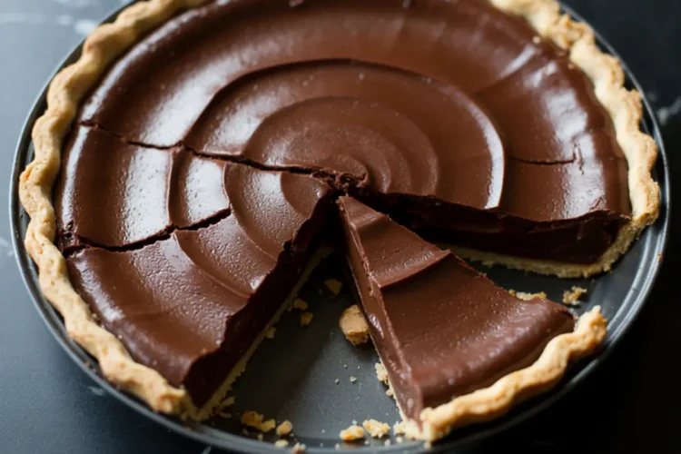 Chocolate pie with a glossy, rippled ganache surface and a golden pastry crust, partially sliced to reveal a smooth and creamy interior on a black marble surface.