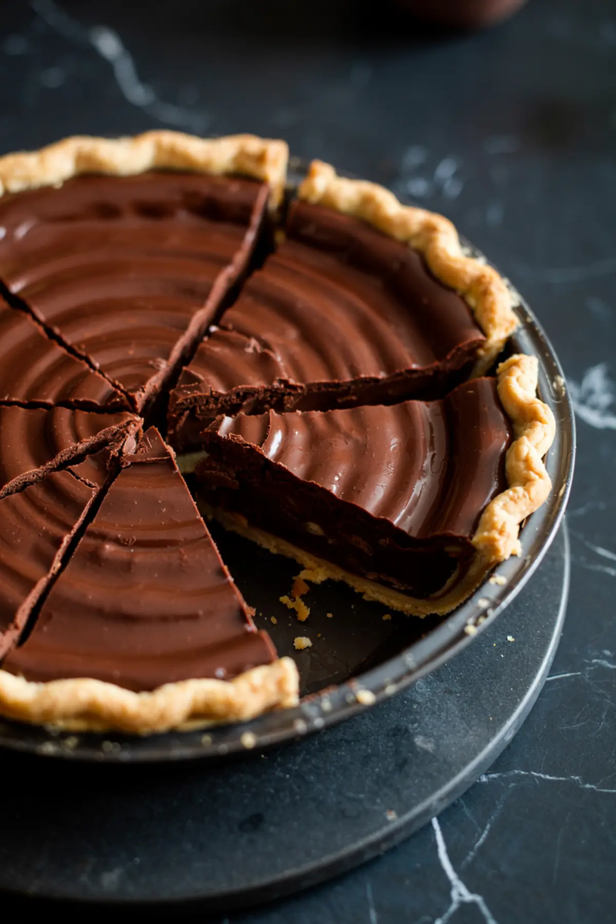 Chocolate pie fully sliced into portions, displaying a rich, swirled ganache filling inside a crisp, fluted pie crust on a dark textured background.