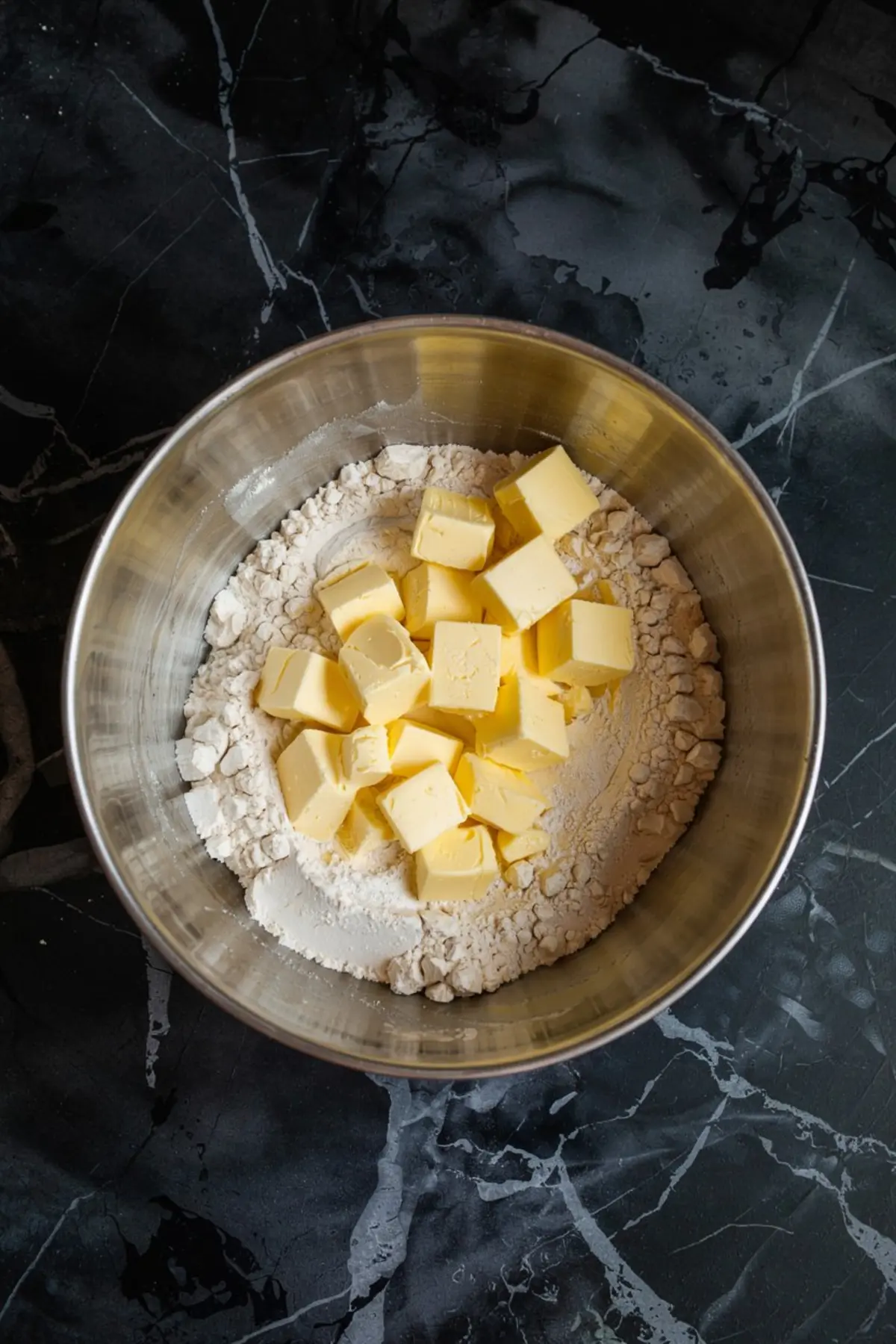 Large metal mixing bowl filled with white flour and cubes of cold butter, placed on a black marble surface as part of the pie crust preparation.