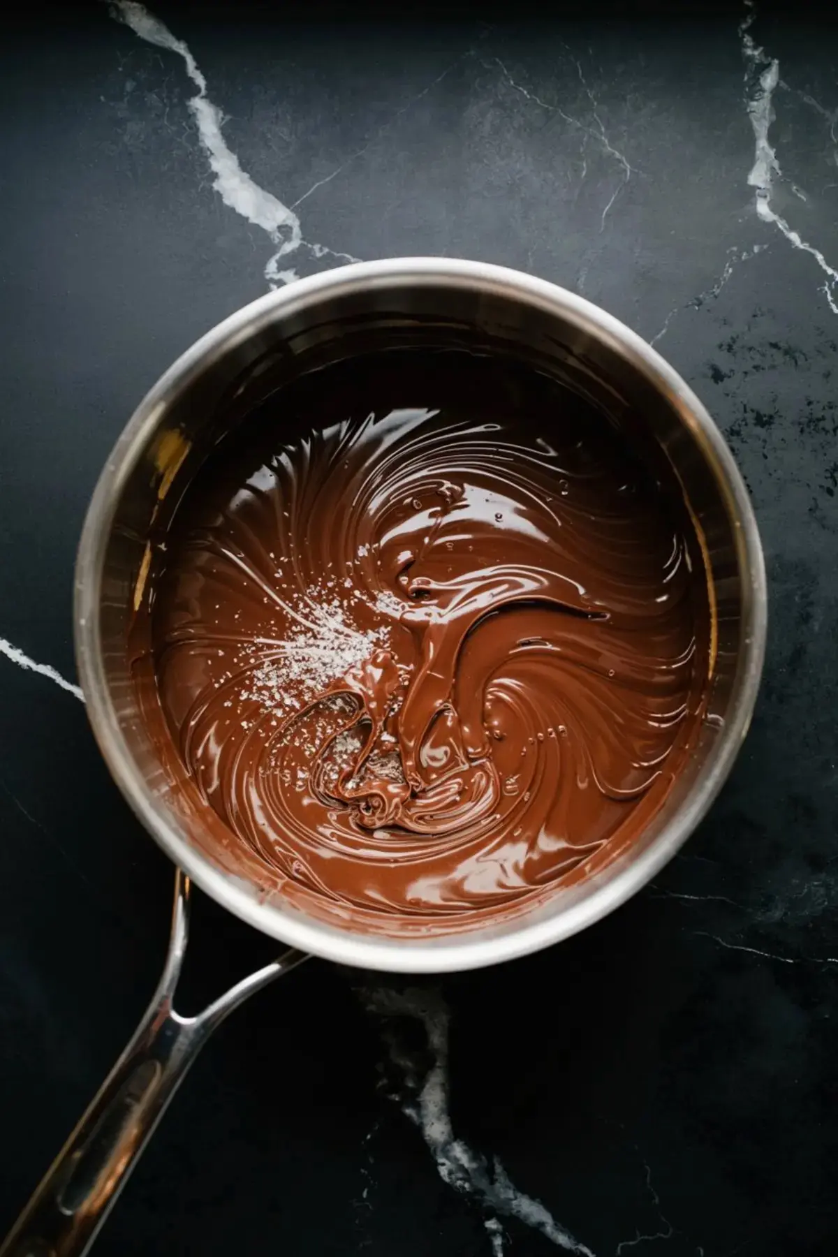 Saucepan filled with melted chocolate swirled into a glossy ganache, sprinkled with sea salt flakes, sitting on a dark marble countertop.