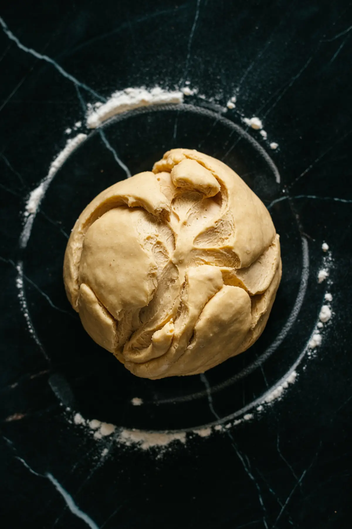 Ball of homemade pie dough on a floured black marble surface, ready to be rolled out for crust preparation.