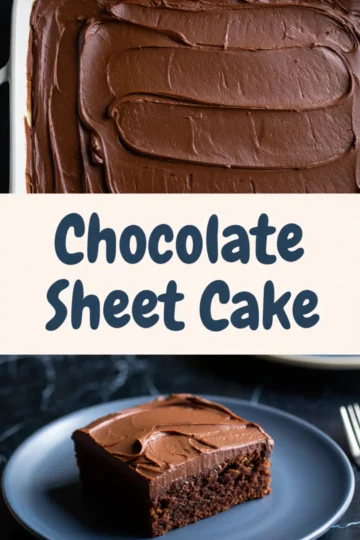 Top half features a fully frosted chocolate sheet cake in a white pan; bottom half shows a single slice on a blue plate, with bold text in between reading “Chocolate Sheet Cake.”