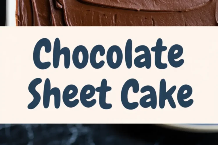 Top half features a fully frosted chocolate sheet cake in a white pan; bottom half shows a single slice on a blue plate, with bold text in between reading “Chocolate Sheet Cake.”