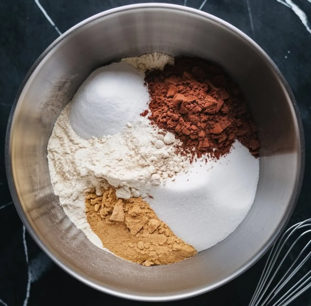 Metal mixing bowl filled with dry ingredients for chocolate cake, including flour, cocoa powder, sugar, baking soda, and ground ginger.