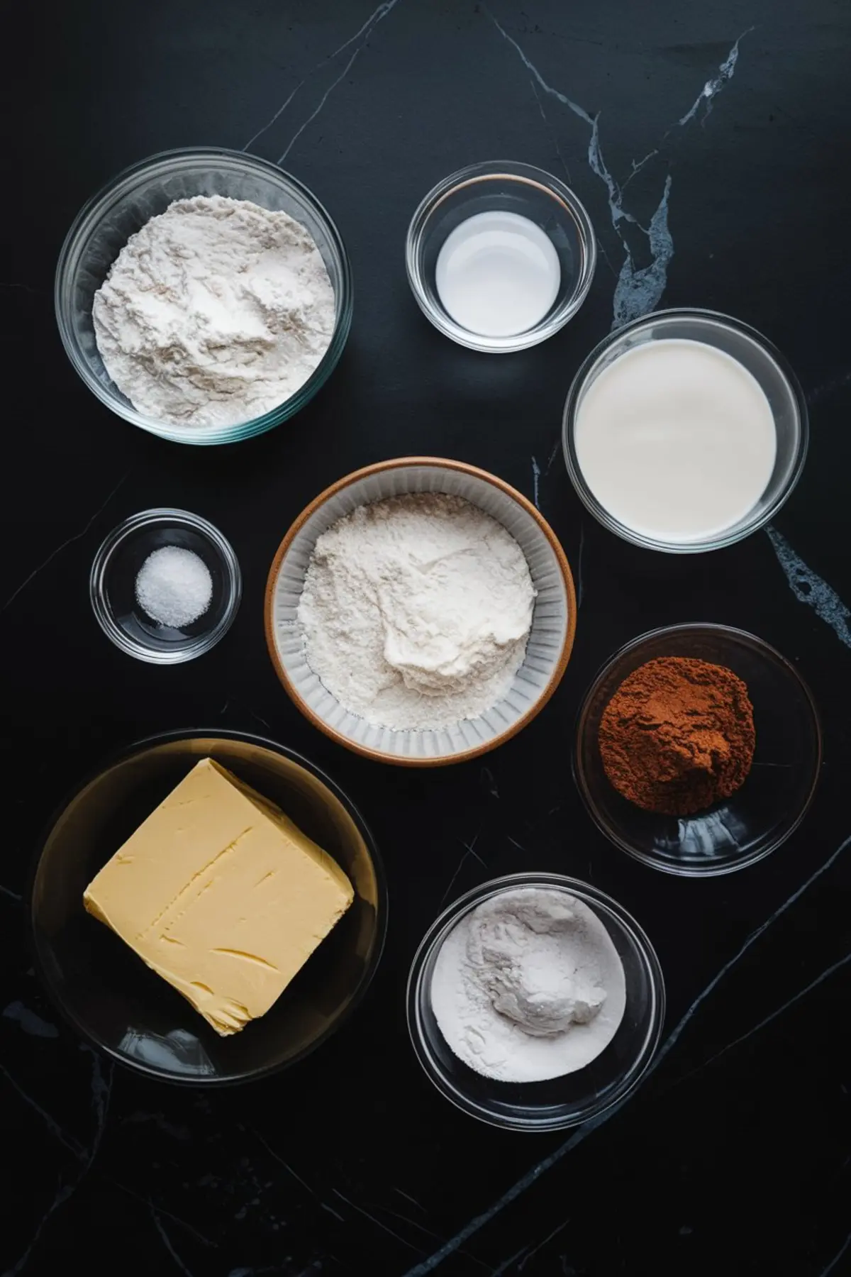 Flat lay of chocolate cake ingredients in glass bowls on a dark countertop, featuring butter, cocoa powder, flour, milk, baking powder, salt, and sugar.