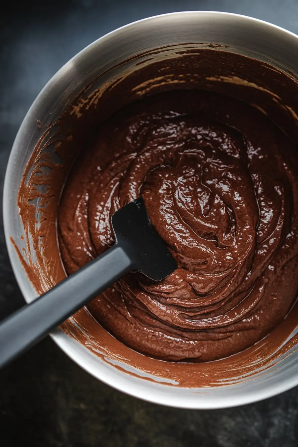 Thick chocolate cake batter being stirred with a black spatula in a stainless steel mixing bowl, with swirls of glossy cocoa mixture.