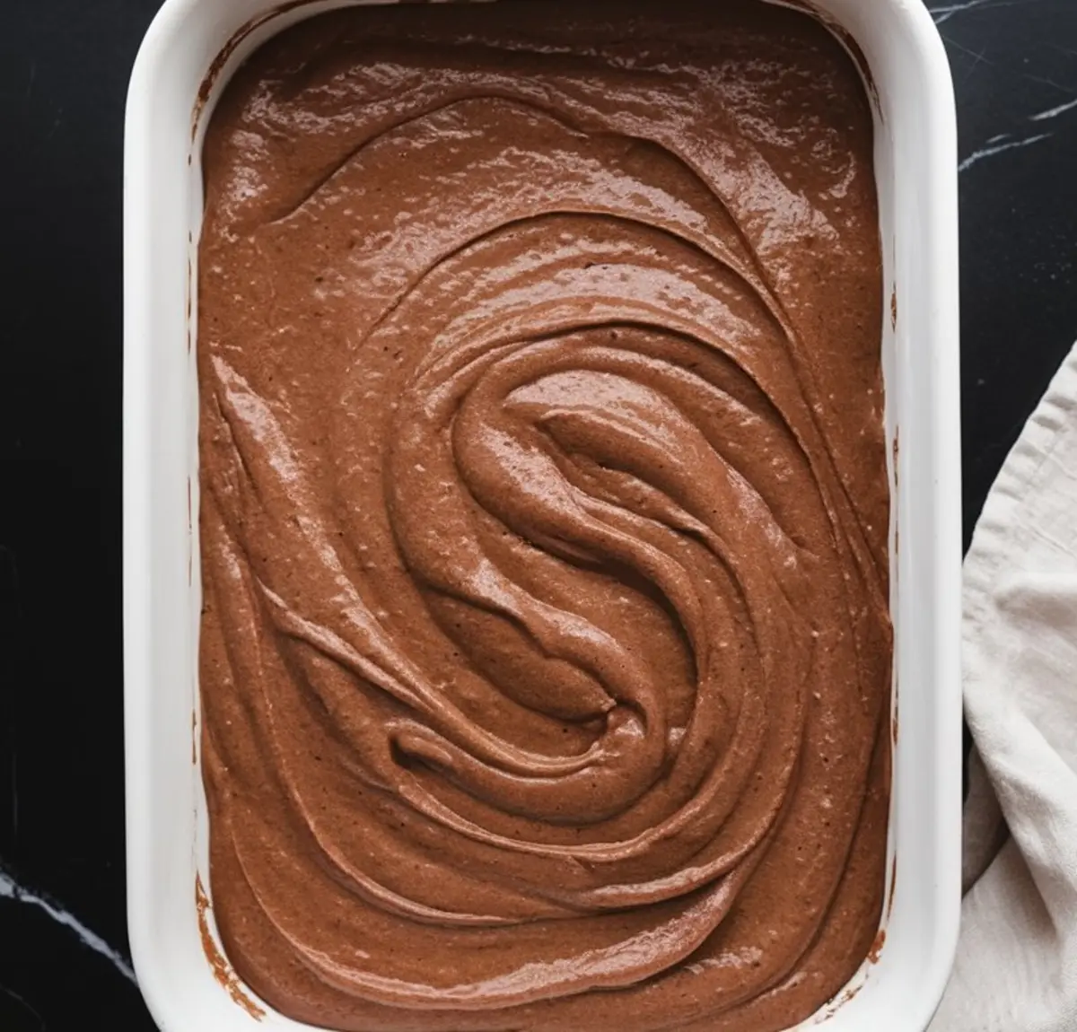 Unbaked chocolate cake batter evenly spread in a white rectangular baking dish, with visible swirls from the spatula.